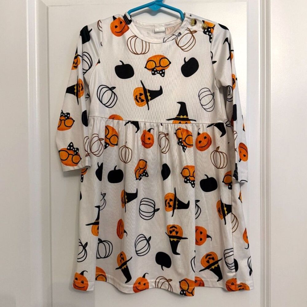 Girls Halloween Pumpkin Print Long Sleeve Dress – Size 110